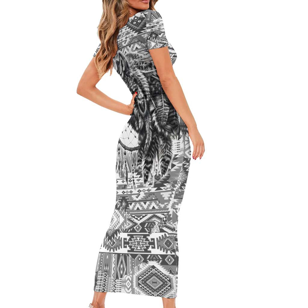 Indigenous Peoples Day Family Matching Short Sleeve Bodycon Dress and Hawaiian Shirt Native American Wolf with Dreamcatcher - Wonder Print Shop