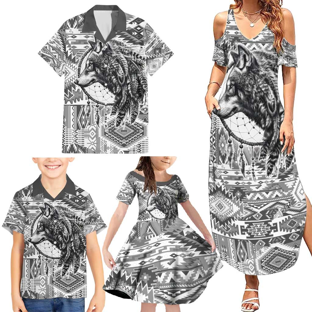 Indigenous Peoples Day Family Matching Summer Maxi Dress and Hawaiian Shirt Native American Wolf with Dreamcatcher - Wonder Print Shop