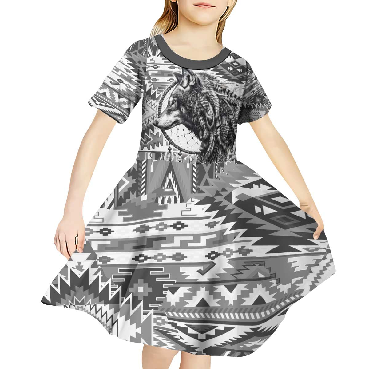 Indigenous Peoples Day Kid Short Sleeve Dress Native American Wolf with Dreamcatcher - Wonder Print Shop