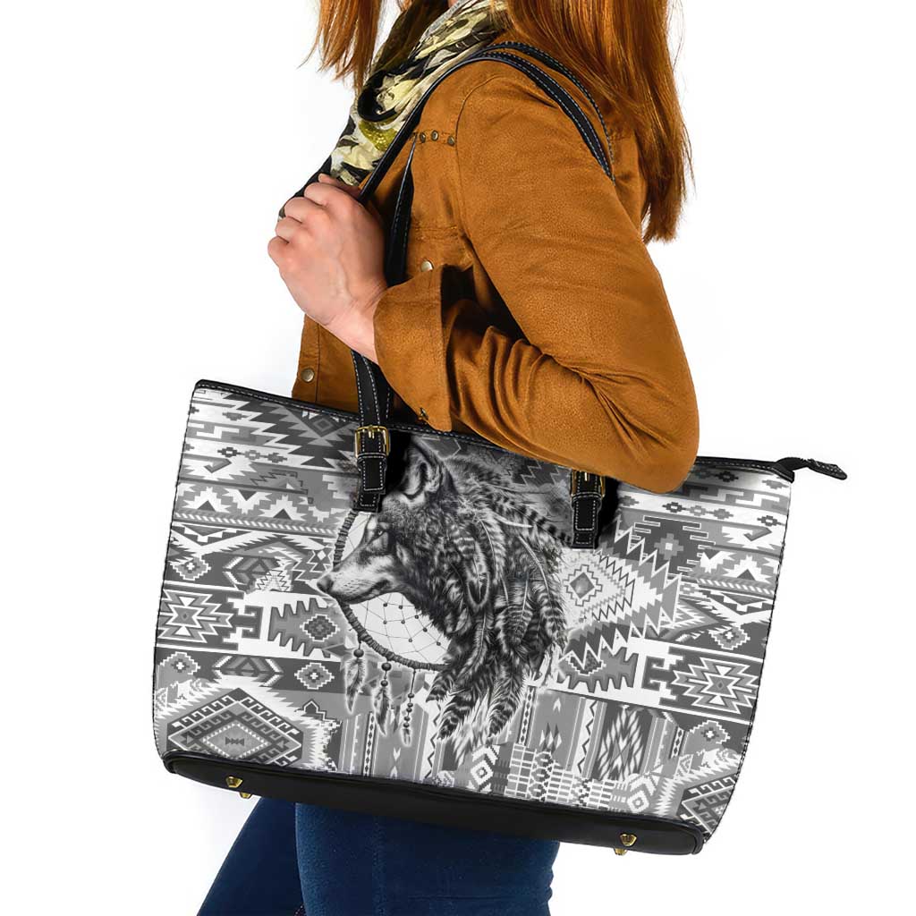Indigenous Peoples Day Leather Tote Bag Native American Wolf with Dreamcatcher - Wonder Print Shop