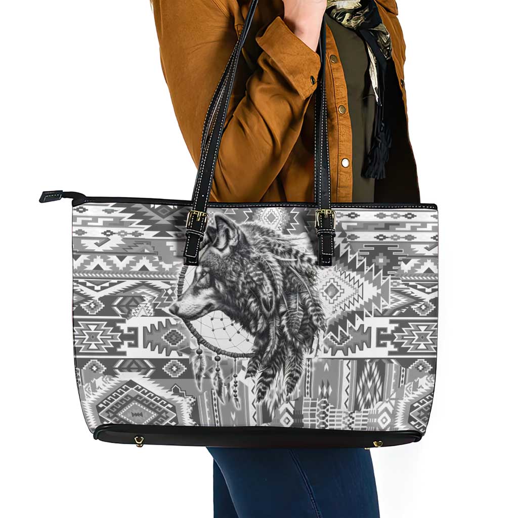 Indigenous Peoples Day Leather Tote Bag Native American Wolf with Dreamcatcher - Wonder Print Shop
