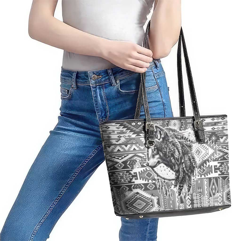Indigenous Peoples Day Leather Tote Bag Native American Wolf with Dreamcatcher - Wonder Print Shop