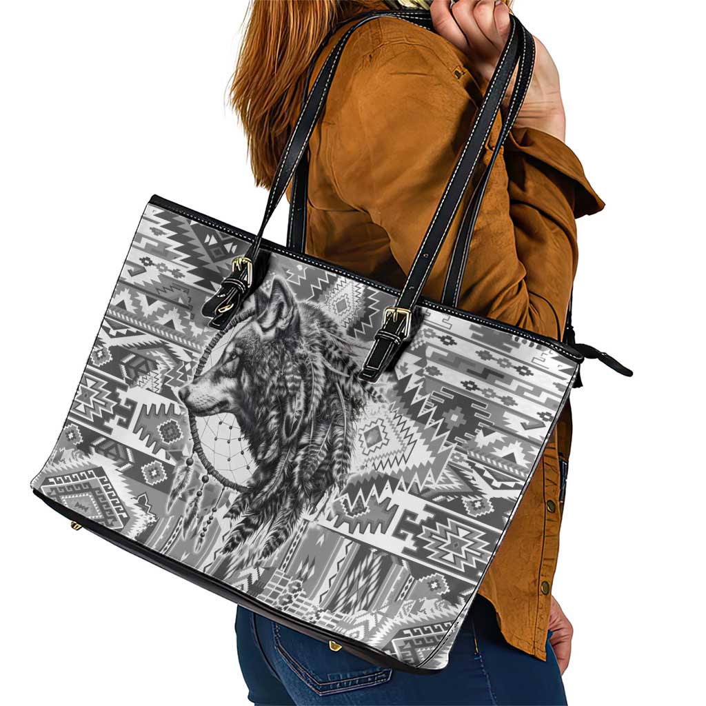 Indigenous Peoples Day Leather Tote Bag Native American Wolf with Dreamcatcher - Wonder Print Shop