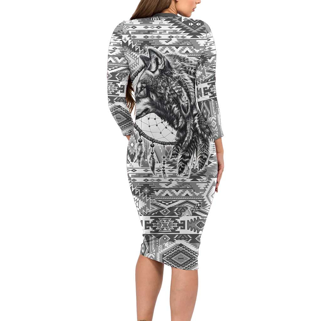Indigenous Peoples Day Long Sleeve Bodycon Dress Native American Wolf with Dreamcatcher - Wonder Print Shop