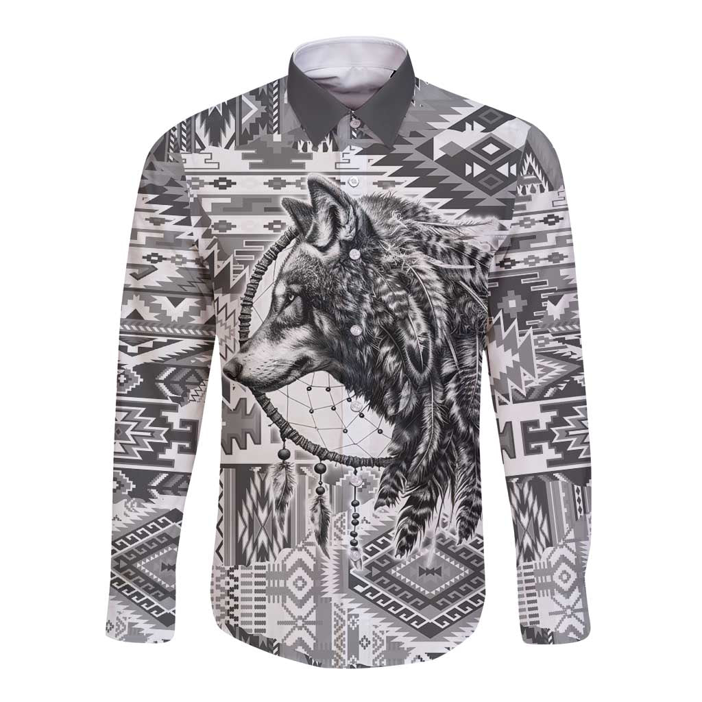Indigenous Peoples Day Long Sleeve Button Shirt Native American Wolf with Dreamcatcher - Wonder Print Shop