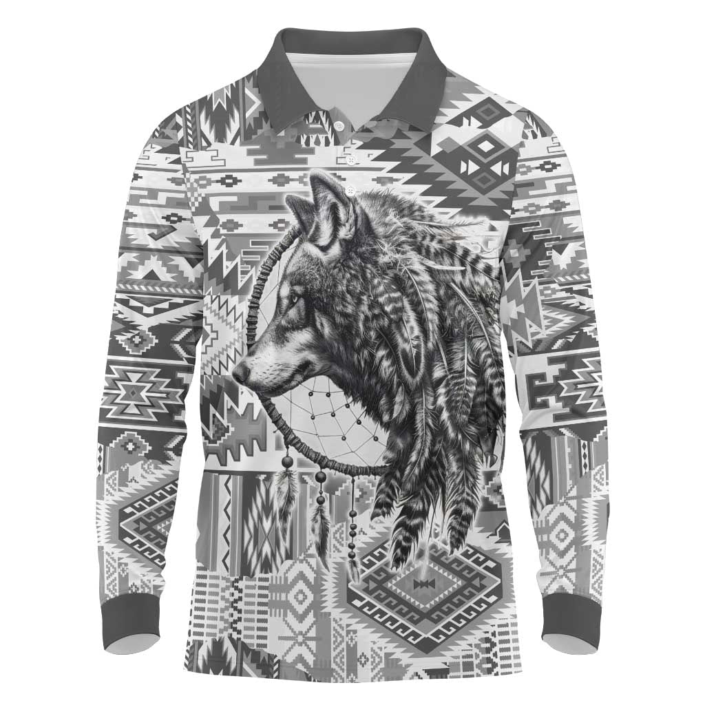 Indigenous Peoples Day Long Sleeve Polo Shirt Native American Wolf with Dreamcatcher - Wonder Print Shop