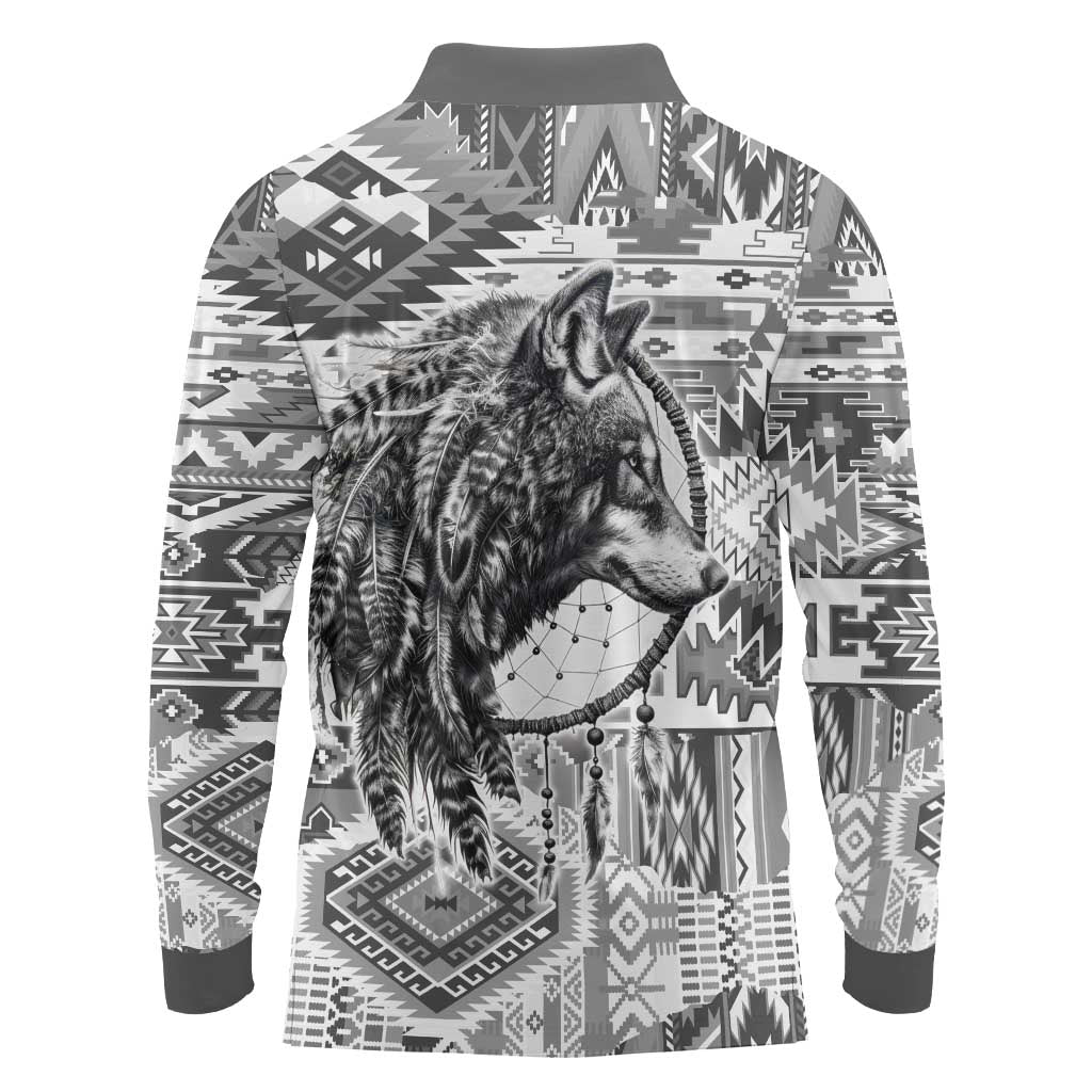 Indigenous Peoples Day Long Sleeve Polo Shirt Native American Wolf with Dreamcatcher - Wonder Print Shop
