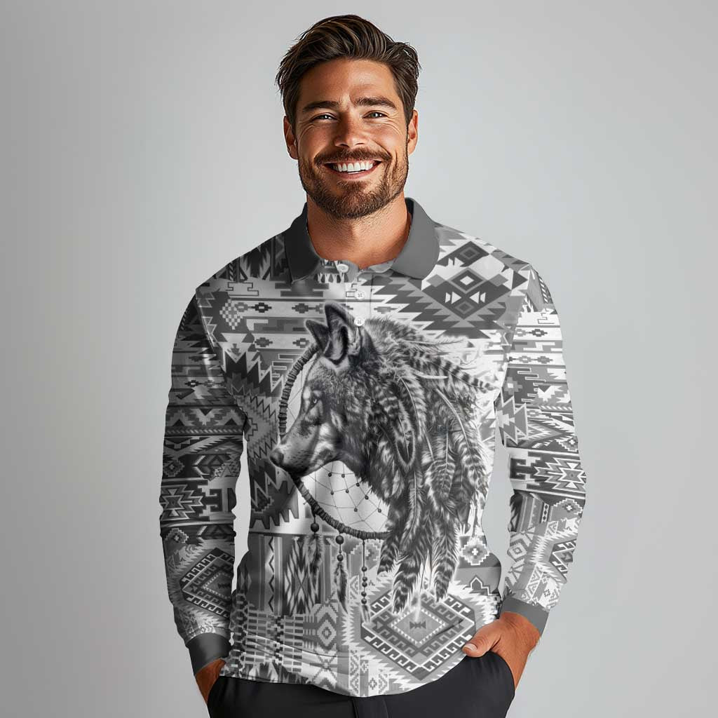 Indigenous Peoples Day Long Sleeve Polo Shirt Native American Wolf with Dreamcatcher - Wonder Print Shop