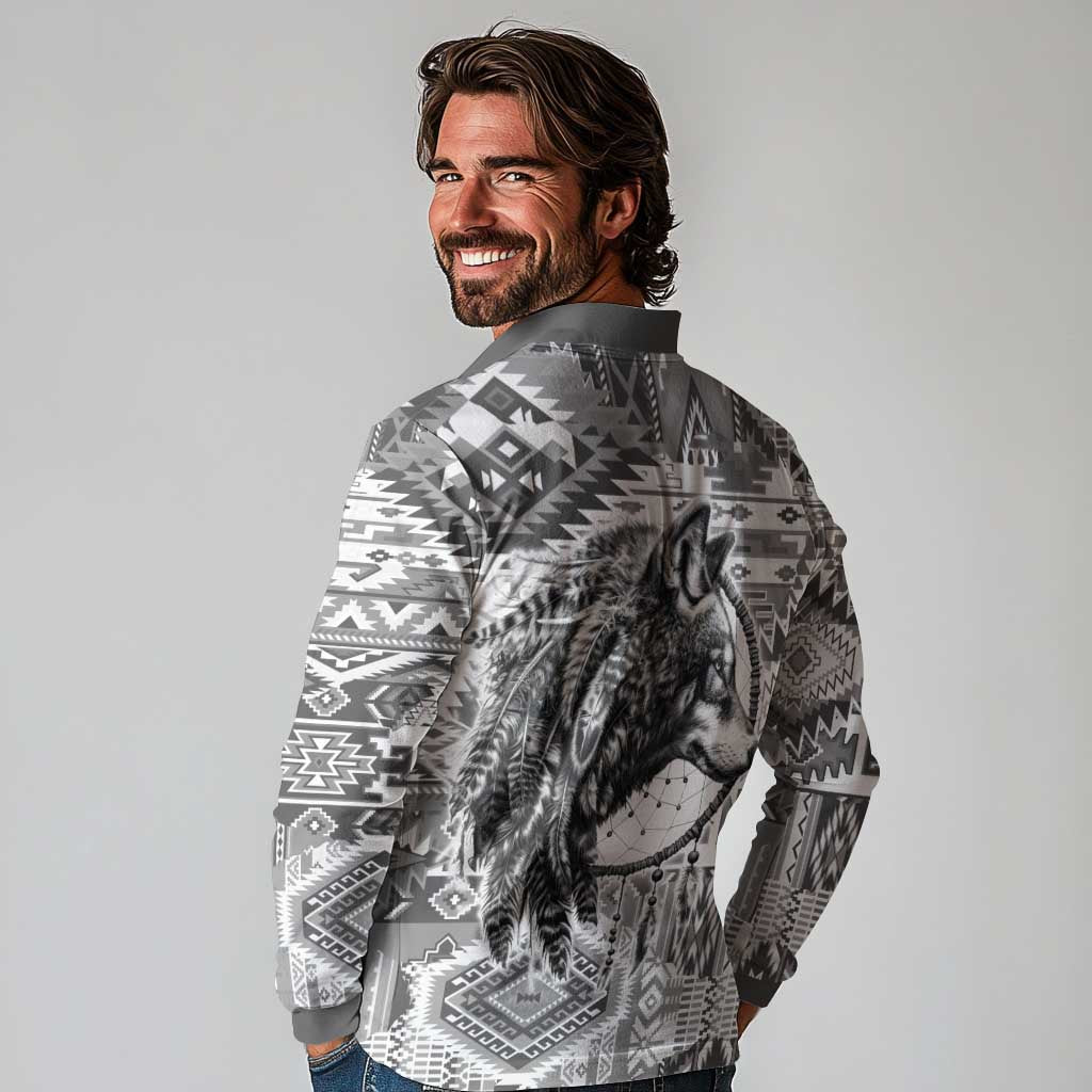 Indigenous Peoples Day Long Sleeve Polo Shirt Native American Wolf with Dreamcatcher - Wonder Print Shop