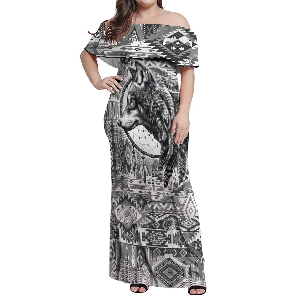 Indigenous Peoples Day Off Shoulder Maxi Dress Native American Wolf with Dreamcatcher - Wonder Print Shop