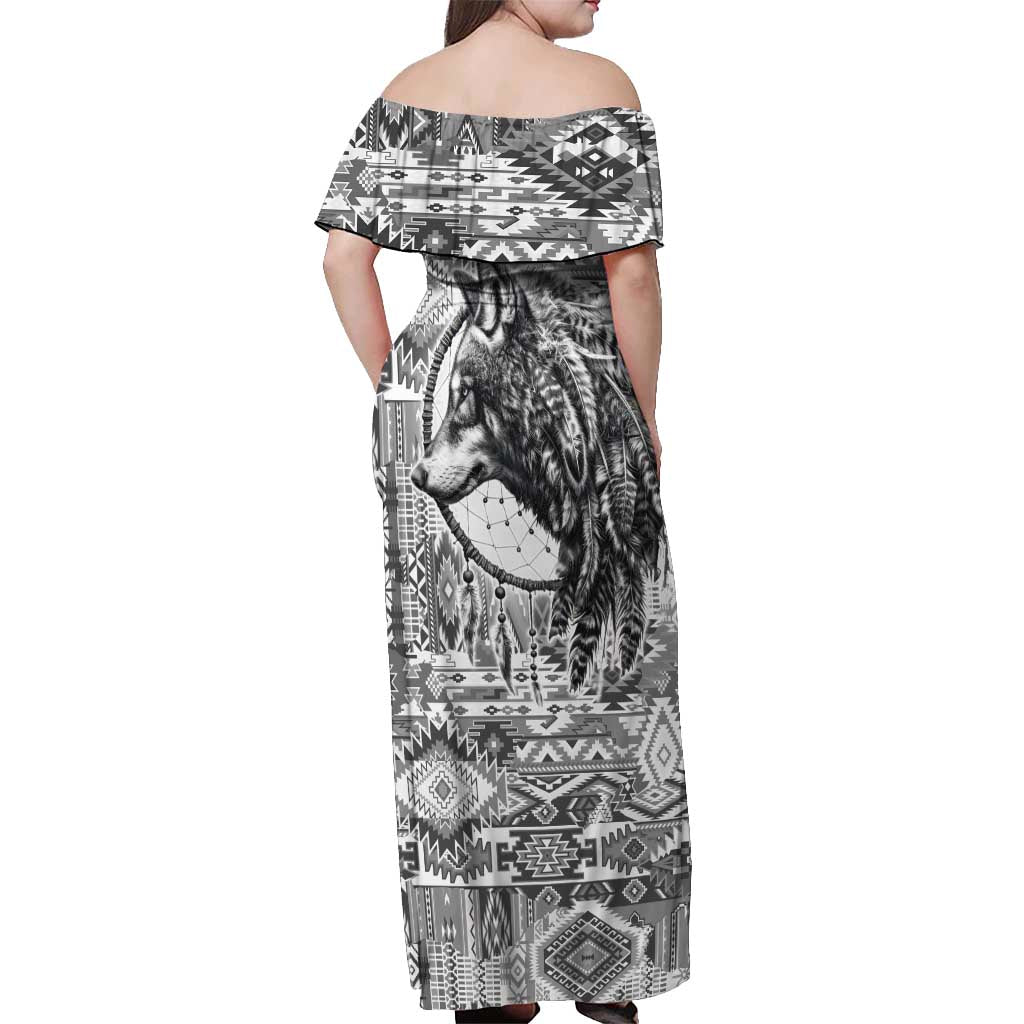 Indigenous Peoples Day Off Shoulder Maxi Dress Native American Wolf with Dreamcatcher - Wonder Print Shop
