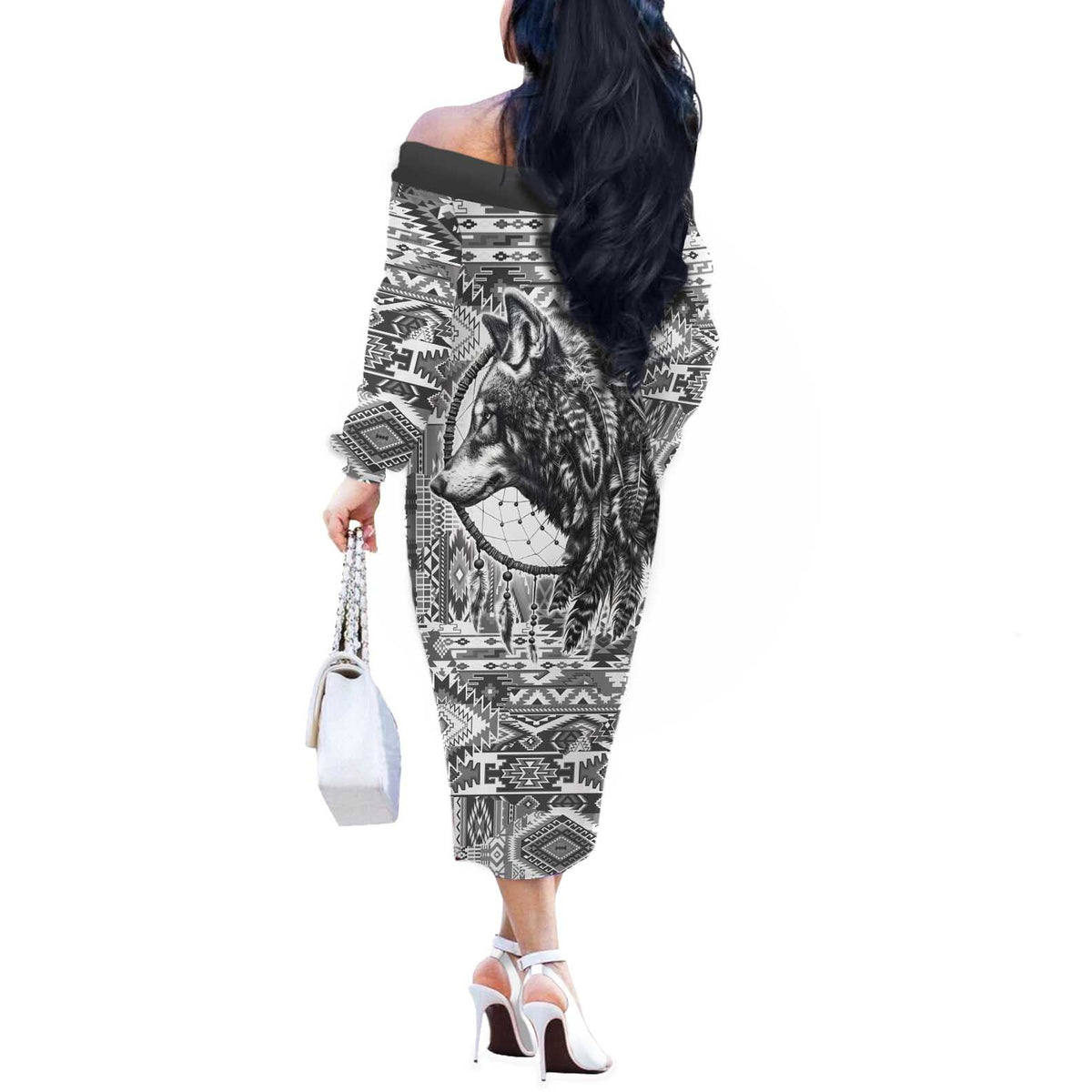 Indigenous Peoples Day Off The Shoulder Long Sleeve Dress Native American Wolf with Dreamcatcher - Wonder Print Shop