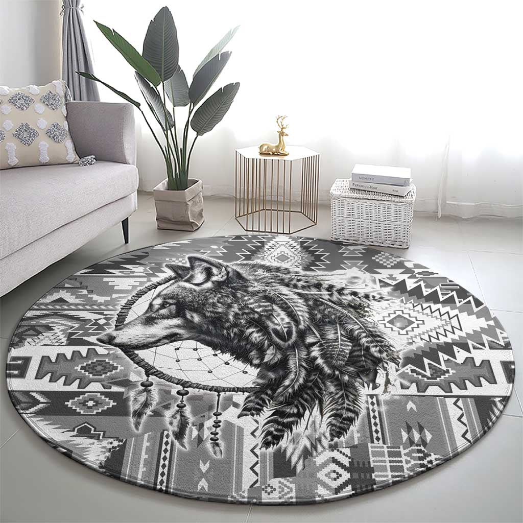 Indigenous Peoples Day Round Carpet Native American Wolf with Dreamcatcher - Wonder Print Shop