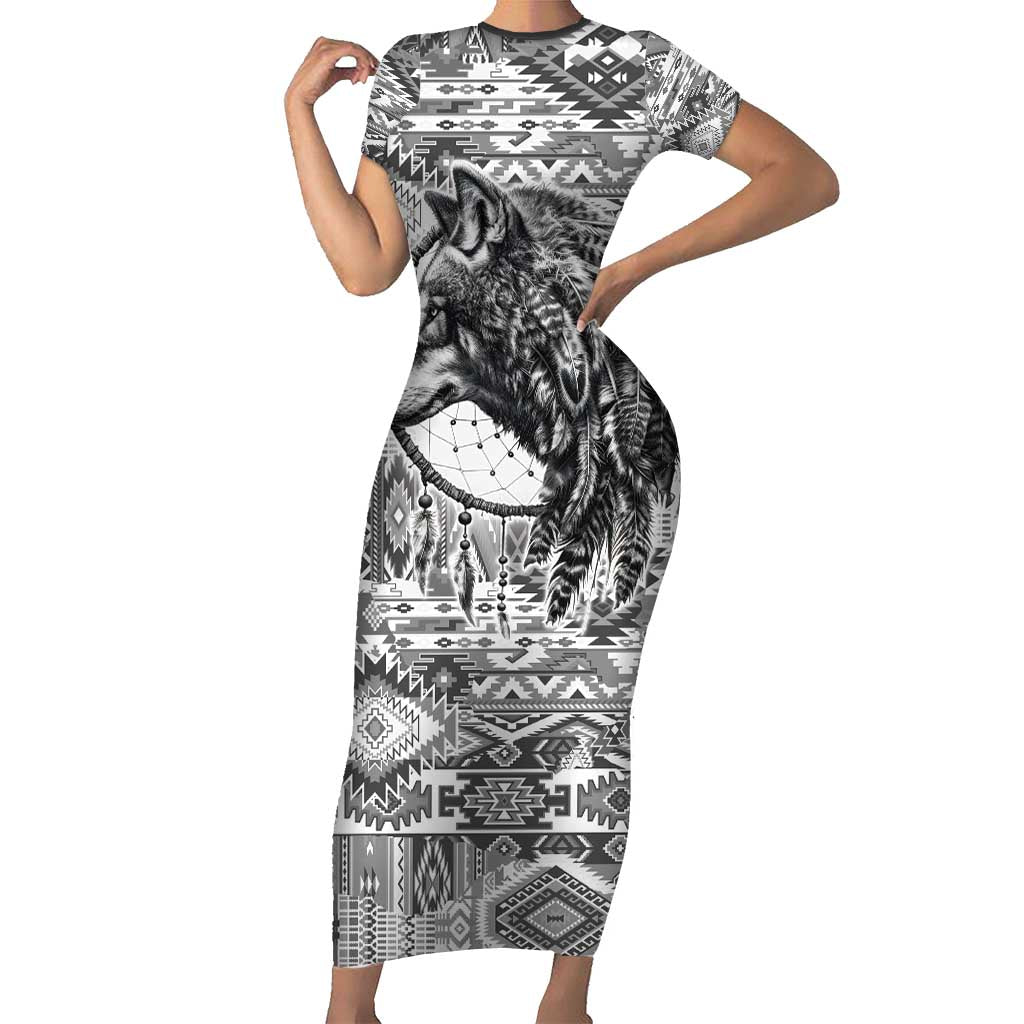 Indigenous Peoples Day Short Sleeve Bodycon Dress Native American Wolf with Dreamcatcher - Wonder Print Shop