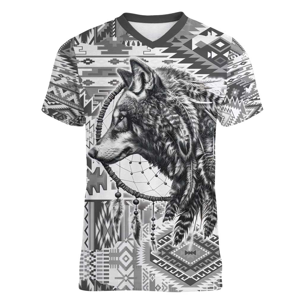 Indigenous Peoples Day Women V-Neck T-Shirt Native American Wolf with Dreamcatcher - Wonder Print Shop