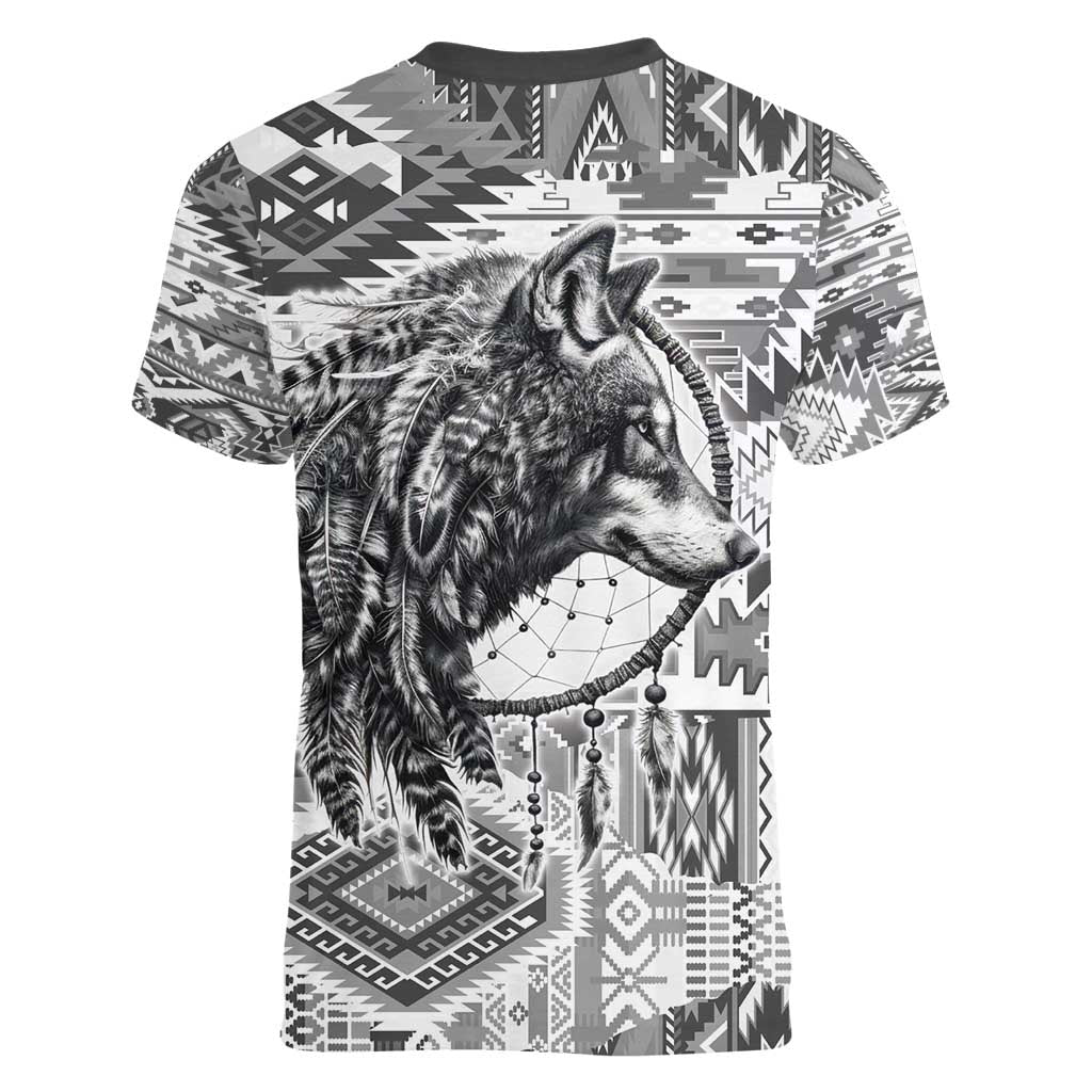 Indigenous Peoples Day Women V-Neck T-Shirt Native American Wolf with Dreamcatcher - Wonder Print Shop