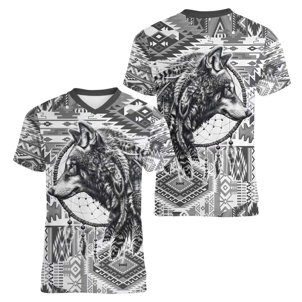 Indigenous Peoples Day Women V-Neck T-Shirt Native American Wolf with Dreamcatcher - Wonder Print Shop