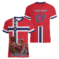 Custom Norway Viking Row - Alt for Norge Women V-Neck T-Shirt Norge Football Supporter Flag Edition