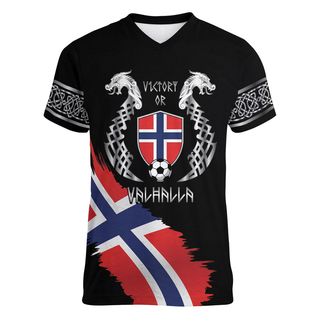 Victory or Valhalla Norway Football Personalized Women V-Neck T-Shirt Norge Football Supporter