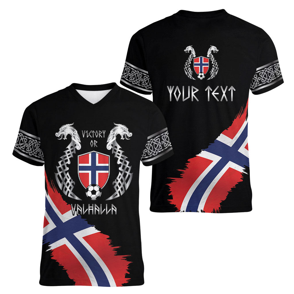 Victory or Valhalla Norway Football Personalized Women V-Neck T-Shirt Norge Football Supporter