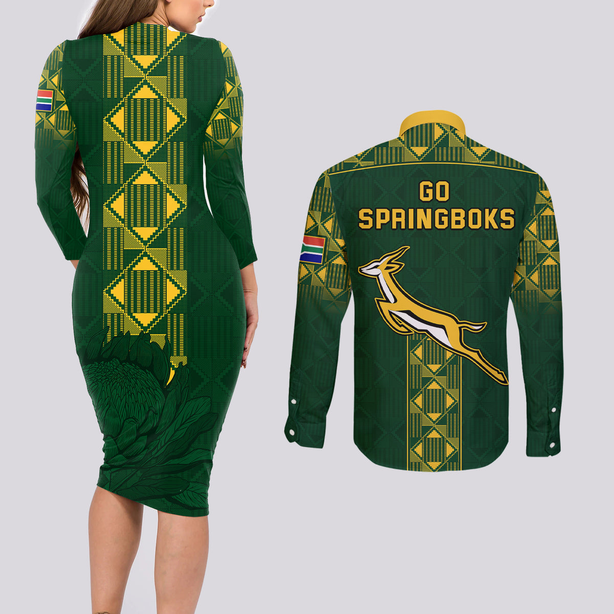 Springboks Rugby Couples Matching Long Sleeve Bodycon Dress and Long Sleeve Button Shirts South Africa Go Champions World Cup 2023 LT9 - Wonder Print Shop