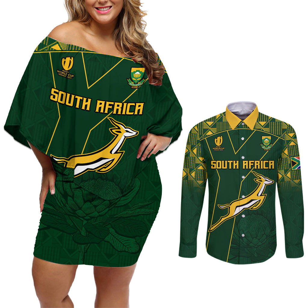 Springboks Rugby Couples Matching Off Shoulder Short Dress and Long Sleeve Button Shirts South Africa Go Champions World Cup 2023 LT9 - Wonder Print Shop