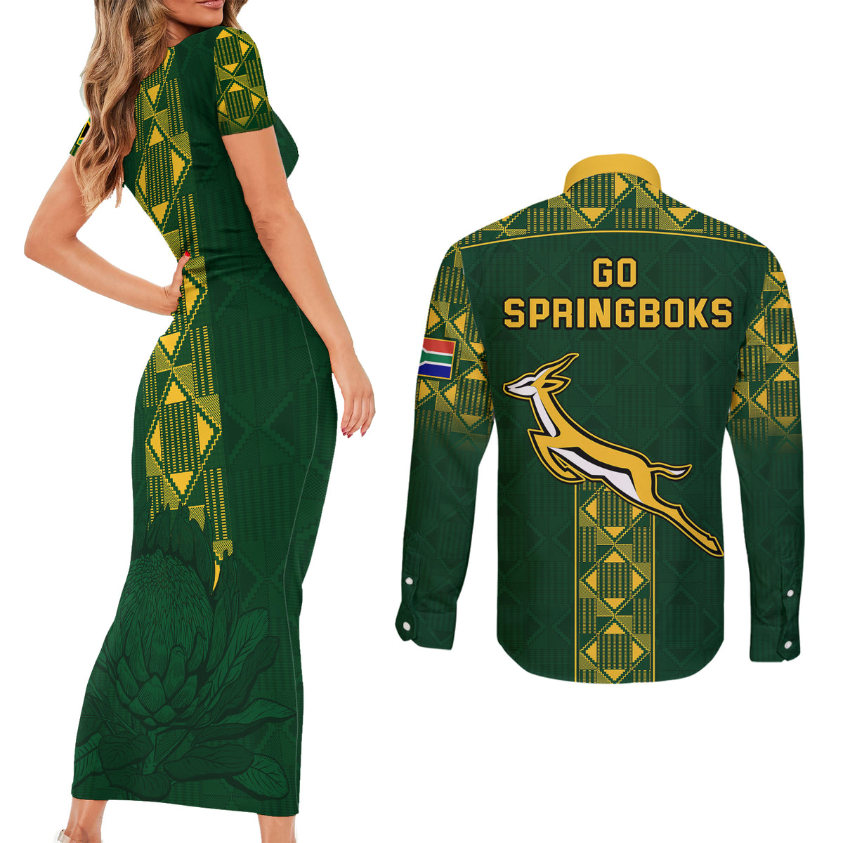 Springboks Rugby Couples Matching Short Sleeve Bodycon Dress and Long Sleeve Button Shirts South Africa Go Champions World Cup 2023 LT9 - Wonder Print Shop