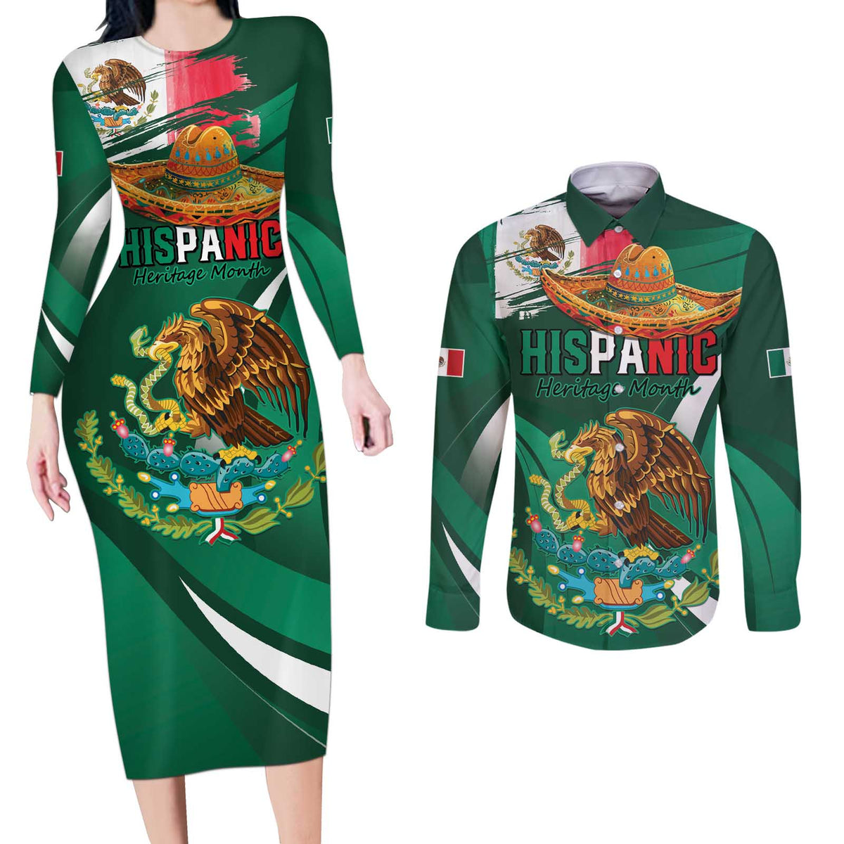 Mexico Hispanic Heritage Personalized Couples Matching Long Sleeve Bodycon Dress and Long Sleeve Button Shirt With Aguila Mexicana LT9 - Wonder Print Shop