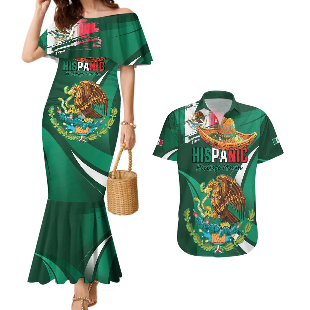 Mexico Hispanic Heritage Personalized Couples Matching Mermaid Dress and Hawaiian Shirt With Aguila Mexicana LT9 - Wonder Print Shop