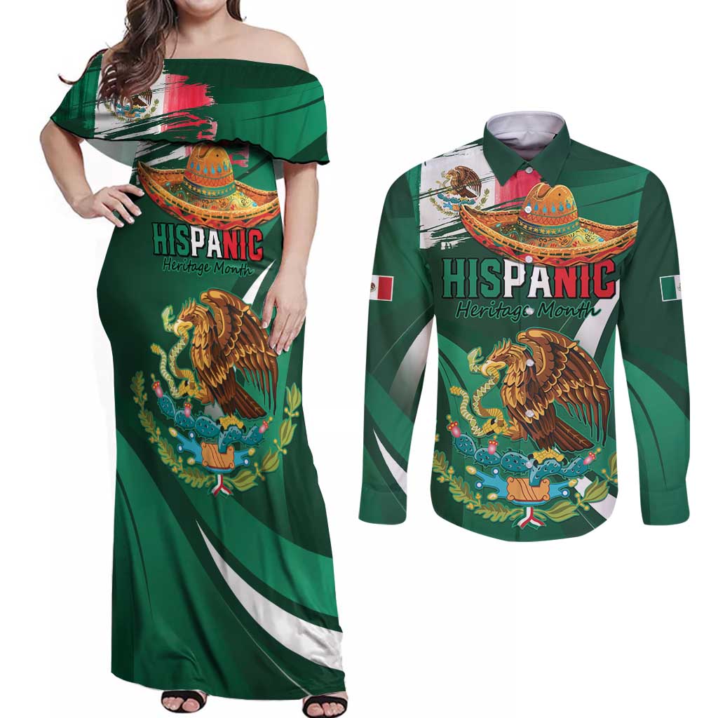 Mexico Hispanic Heritage Personalized Couples Matching Off Shoulder Maxi Dress and Long Sleeve Button Shirt With Aguila Mexicana LT9 - Wonder Print Shop