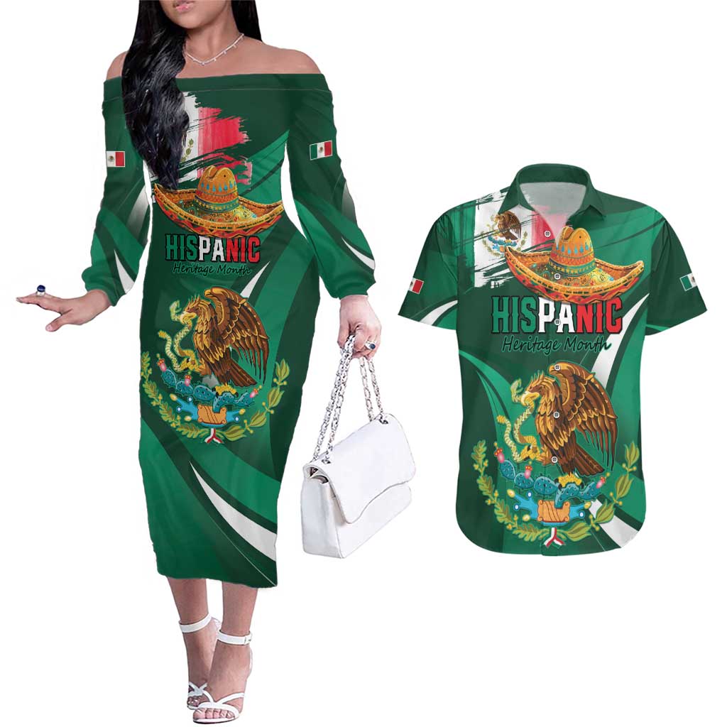 Mexico Hispanic Heritage Personalized Couples Matching Off The Shoulder Long Sleeve Dress and Hawaiian Shirt With Aguila Mexicana LT9 - Wonder Print Shop
