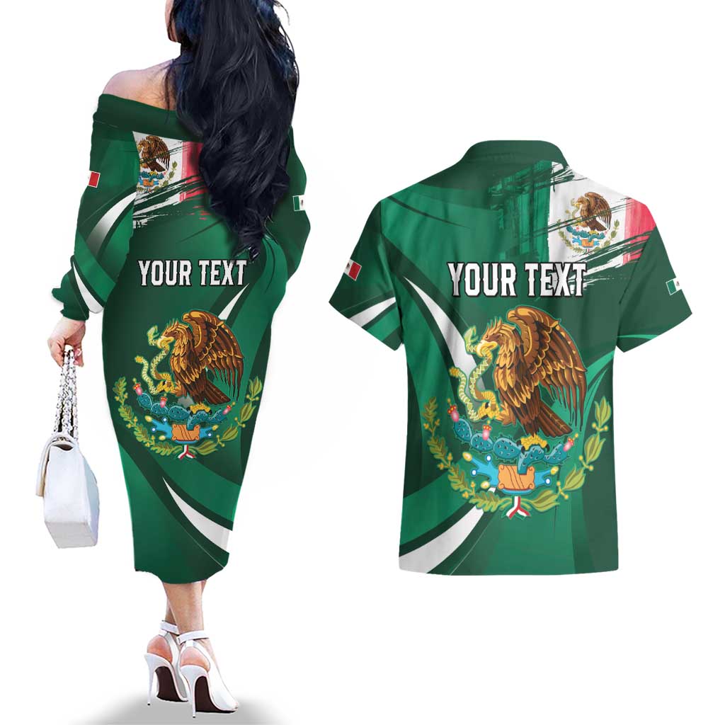 Mexico Hispanic Heritage Personalized Couples Matching Off The Shoulder Long Sleeve Dress and Hawaiian Shirt With Aguila Mexicana LT9 - Wonder Print Shop
