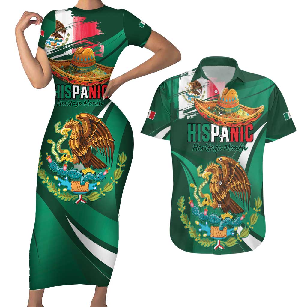 Mexico Hispanic Heritage Personalized Couples Matching Short Sleeve Bodycon Dress and Hawaiian Shirt With Aguila Mexicana LT9 - Wonder Print Shop
