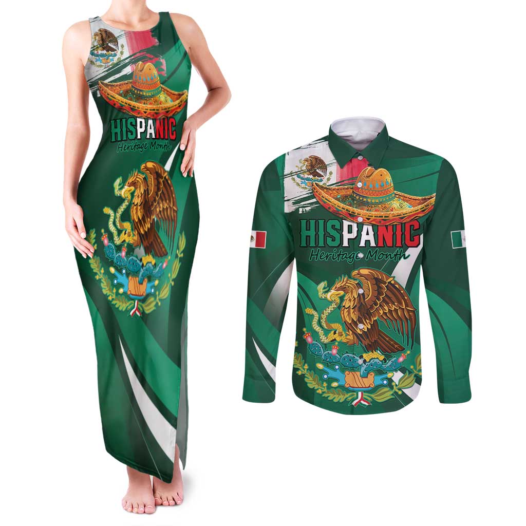 Mexico Hispanic Heritage Personalized Couples Matching Tank Maxi Dress and Long Sleeve Button Shirt With Aguila Mexicana LT9 - Wonder Print Shop