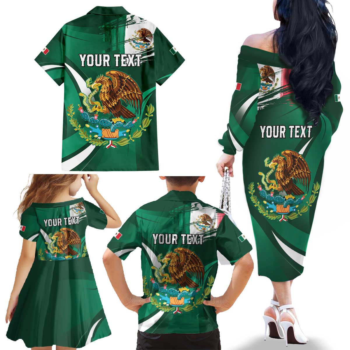 Mexico Hispanic Heritage Personalized Family Matching Off The Shoulder Long Sleeve Dress and Hawaiian Shirt With Aguila Mexicana - Wonder Print Shop