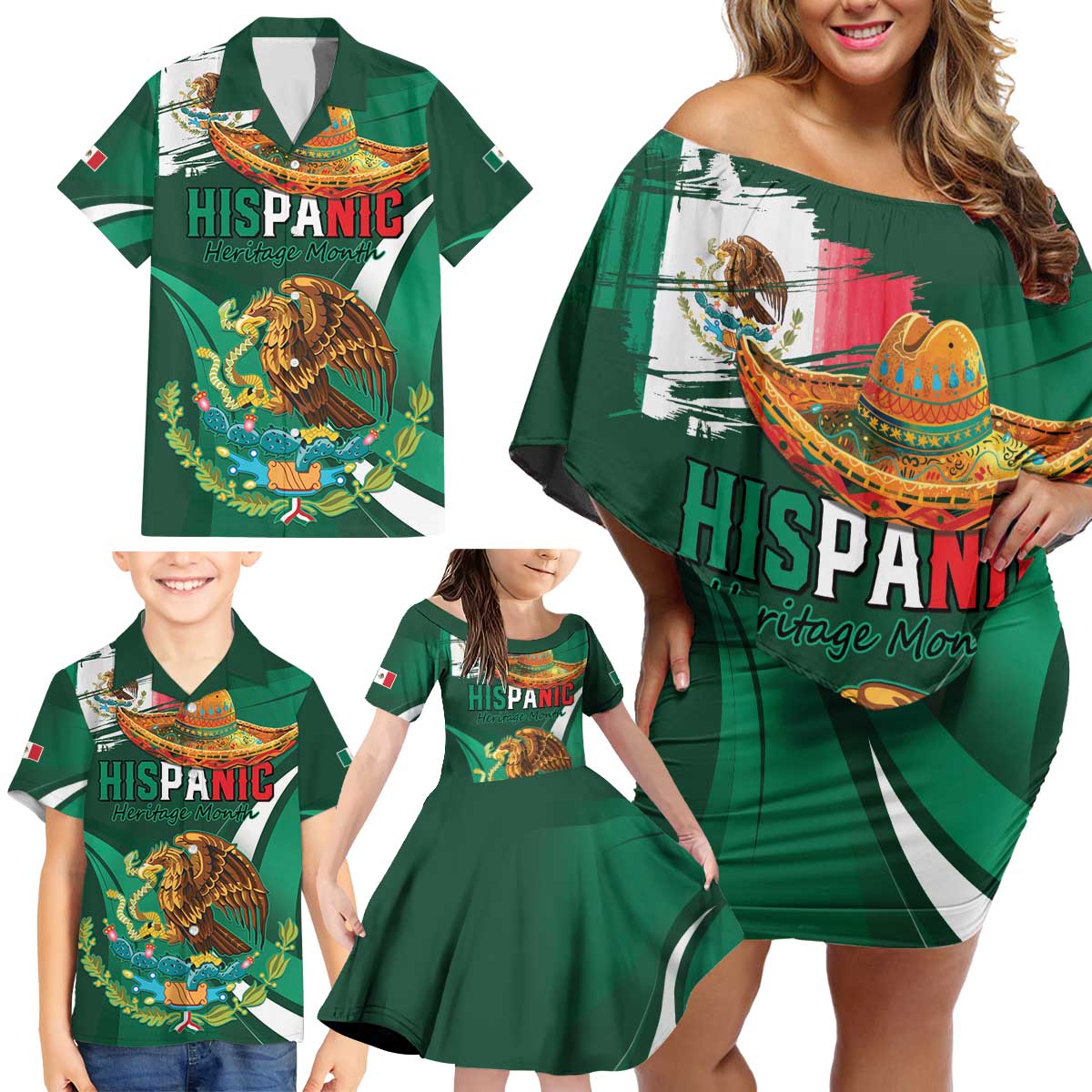 Mexico Hispanic Heritage Personalized Family Matching Off Shoulder Short Dress and Hawaiian Shirt With Aguila Mexicana LT9 - Wonder Print Shop
