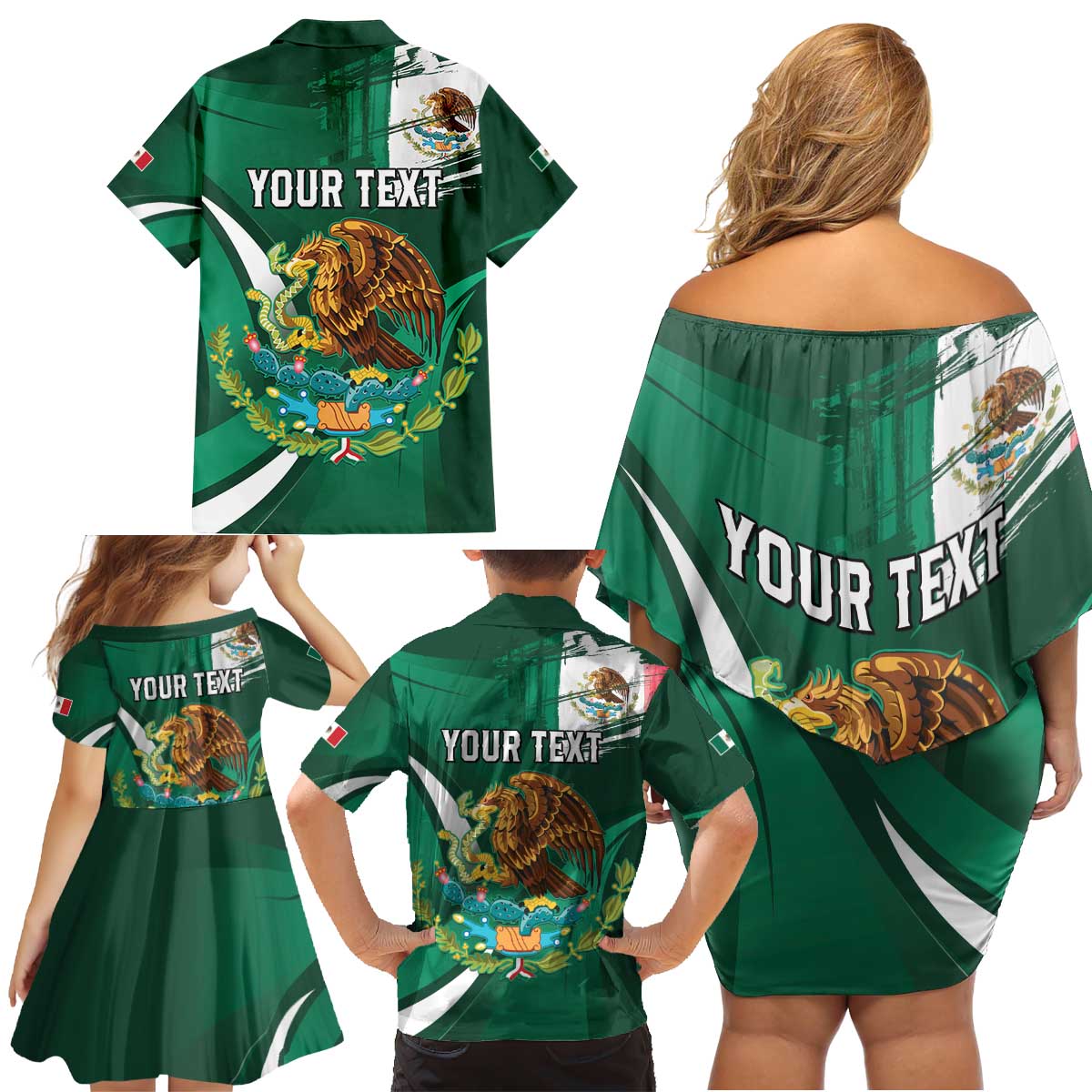 Mexico Hispanic Heritage Personalized Family Matching Off Shoulder Short Dress and Hawaiian Shirt With Aguila Mexicana LT9 - Wonder Print Shop