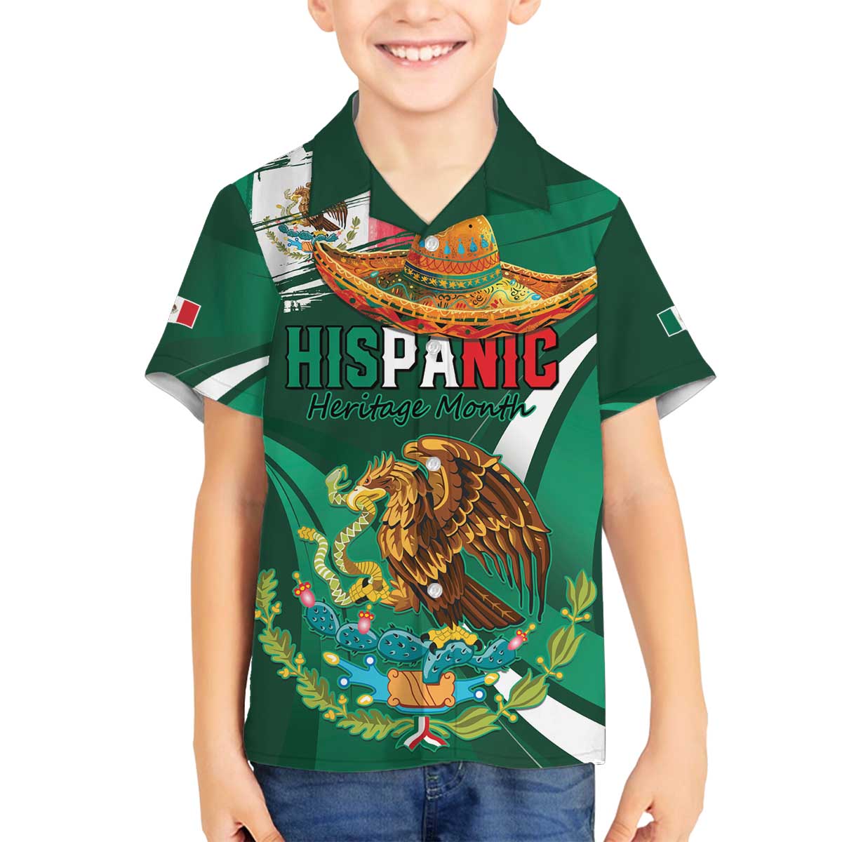 Mexico Hispanic Heritage Personalized Family Matching Off Shoulder Short Dress and Hawaiian Shirt With Aguila Mexicana LT9 - Wonder Print Shop