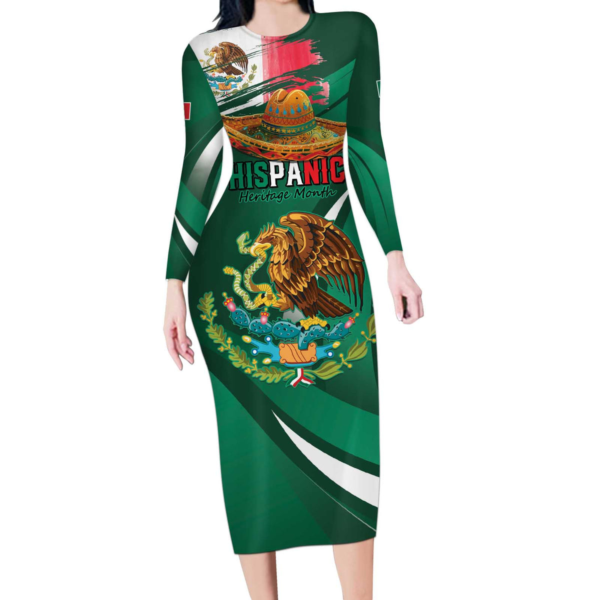 Mexico Hispanic Heritage Personalized Long Sleeve Bodycon Dress With Aguila Mexicana - Wonder Print Shop