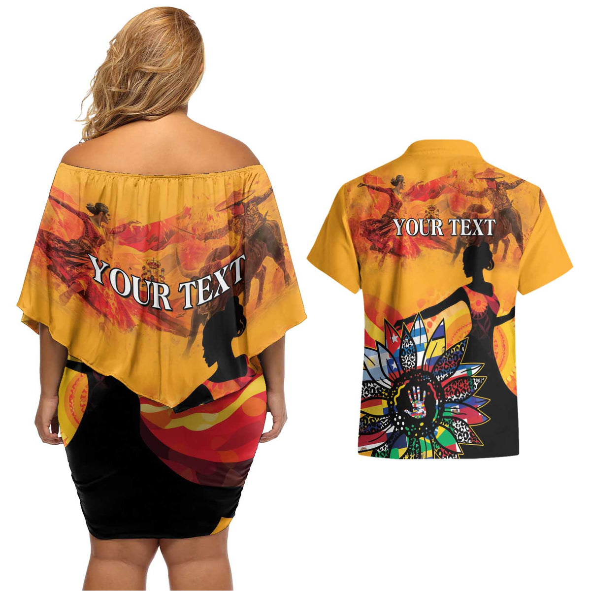Spain Hispanic Heritage Personalized Couples Matching Off Shoulder Short Dress and Hawaiian Shirt LT9 - Wonder Print Shop