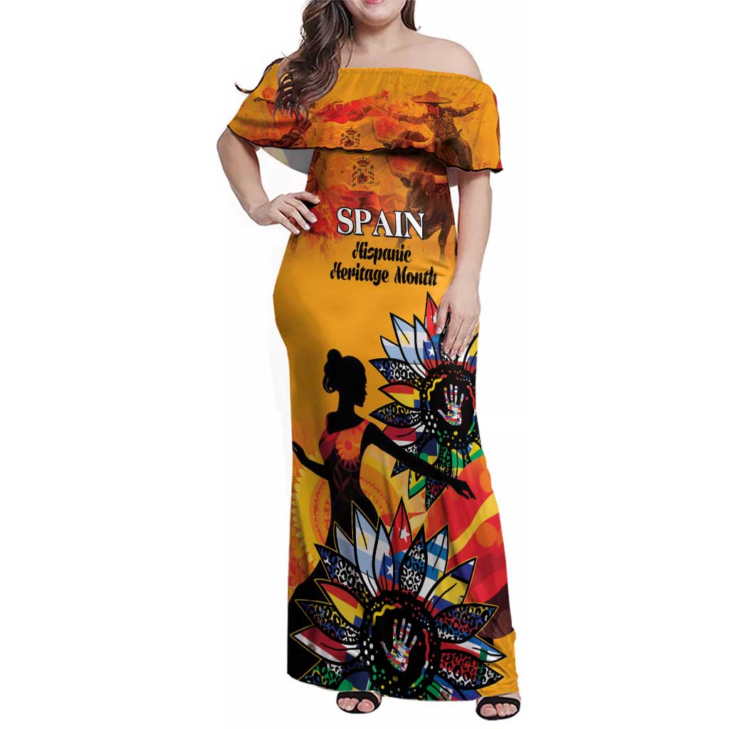 Spain Hispanic Heritage Personalized Family Matching Off Shoulder Maxi Dress and Hawaiian Shirt LT9 - Wonder Print Shop