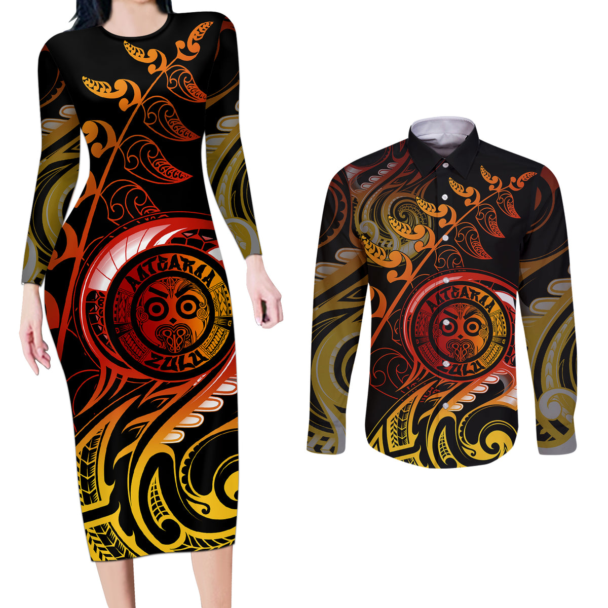 New Zealand Couples Matching Long Sleeve Bodycon Dress and Long Sleeve Button Shirts Aotearoa Wisdom Face Maori Fern Tattoo Arty LT9 - Wonder Print Shop