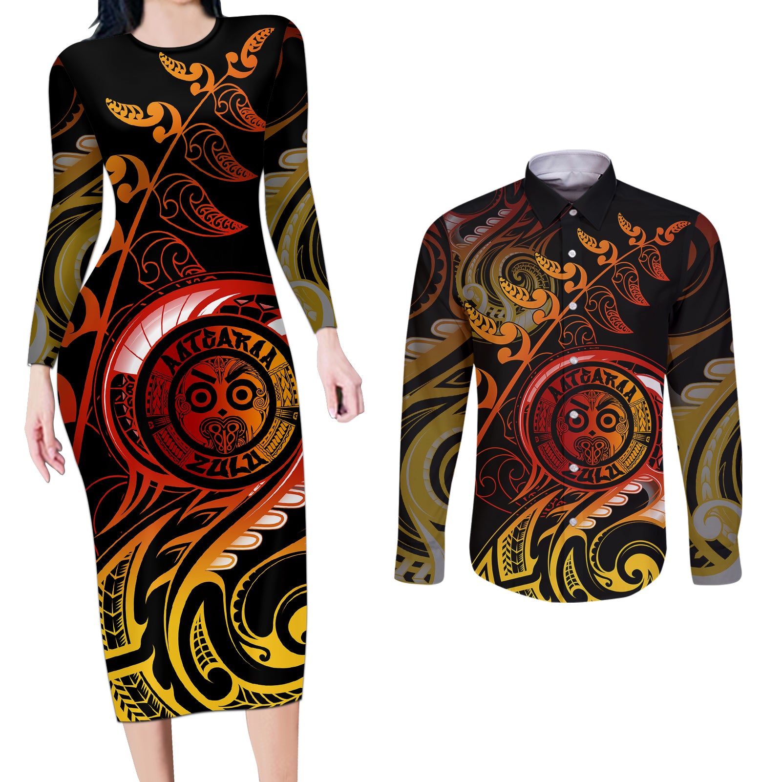 New Zealand Couples Matching Long Sleeve Bodycon Dress and Long Sleeve Button Shirts Aotearoa Wisdom Face Maori Fern Tattoo Arty LT9 - Wonder Print Shop
