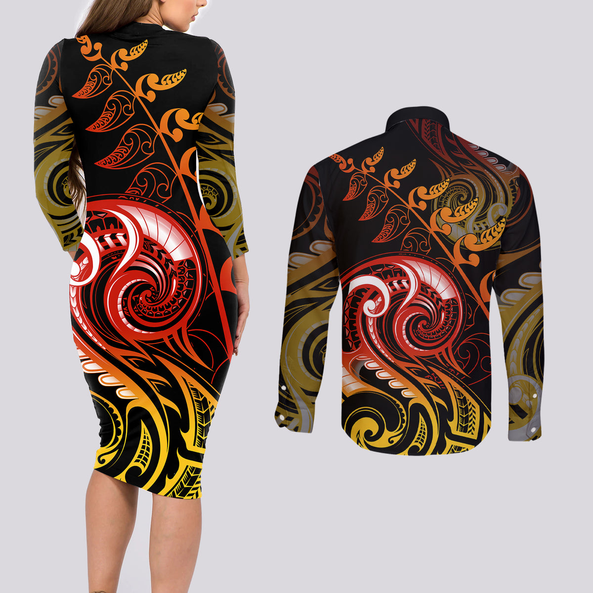 New Zealand Couples Matching Long Sleeve Bodycon Dress and Long Sleeve Button Shirts Aotearoa Wisdom Face Maori Fern Tattoo Arty LT9 - Wonder Print Shop