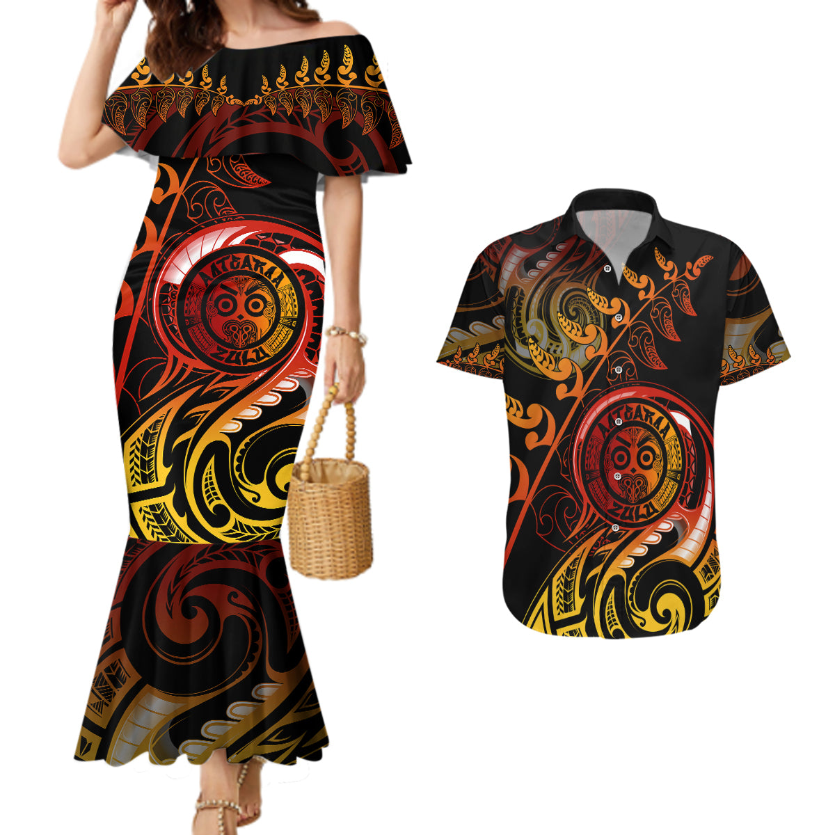 New Zealand Couples Matching Mermaid Dress and Hawaiian Shirt Aotearoa Wisdom Face Maori Fern Tattoo Arty LT9 - Wonder Print Shop