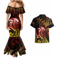 New Zealand Couples Matching Mermaid Dress and Hawaiian Shirt Aotearoa Wisdom Face Maori Fern Tattoo Arty LT9 - Wonder Print Shop