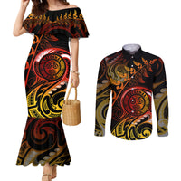 new-zealand-couples-matching-mermaid-dress-and-long-sleeve-button-shirts-aotearoa-wisdom-face-maori-fern-tattoo-arty