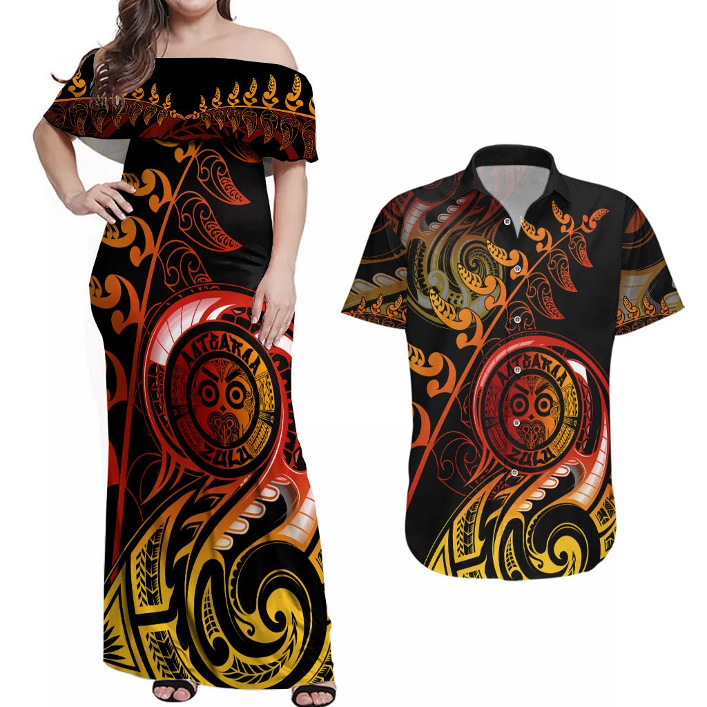 New Zealand Couples Matching Off Shoulder Maxi Dress and Hawaiian Shirt Aotearoa Wisdom Face Maori Fern Tattoo Arty LT9 - Wonder Print Shop