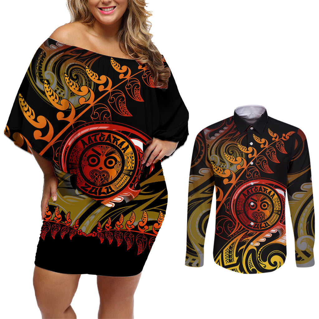 New Zealand Couples Matching Off Shoulder Short Dress and Long Sleeve Button Shirts Aotearoa Wisdom Face Maori Fern Tattoo Arty LT9 - Wonder Print Shop