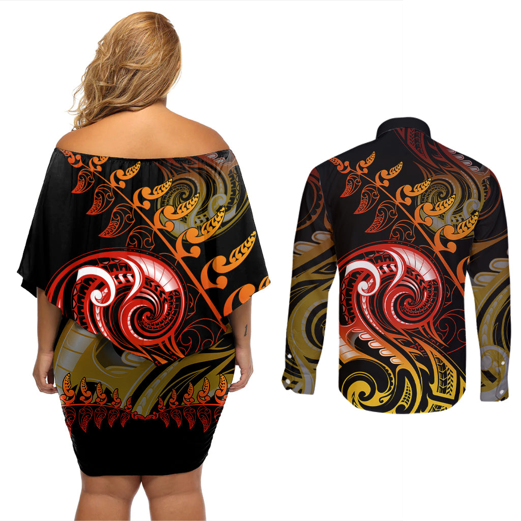 New Zealand Couples Matching Off Shoulder Short Dress and Long Sleeve Button Shirts Aotearoa Wisdom Face Maori Fern Tattoo Arty LT9 - Wonder Print Shop